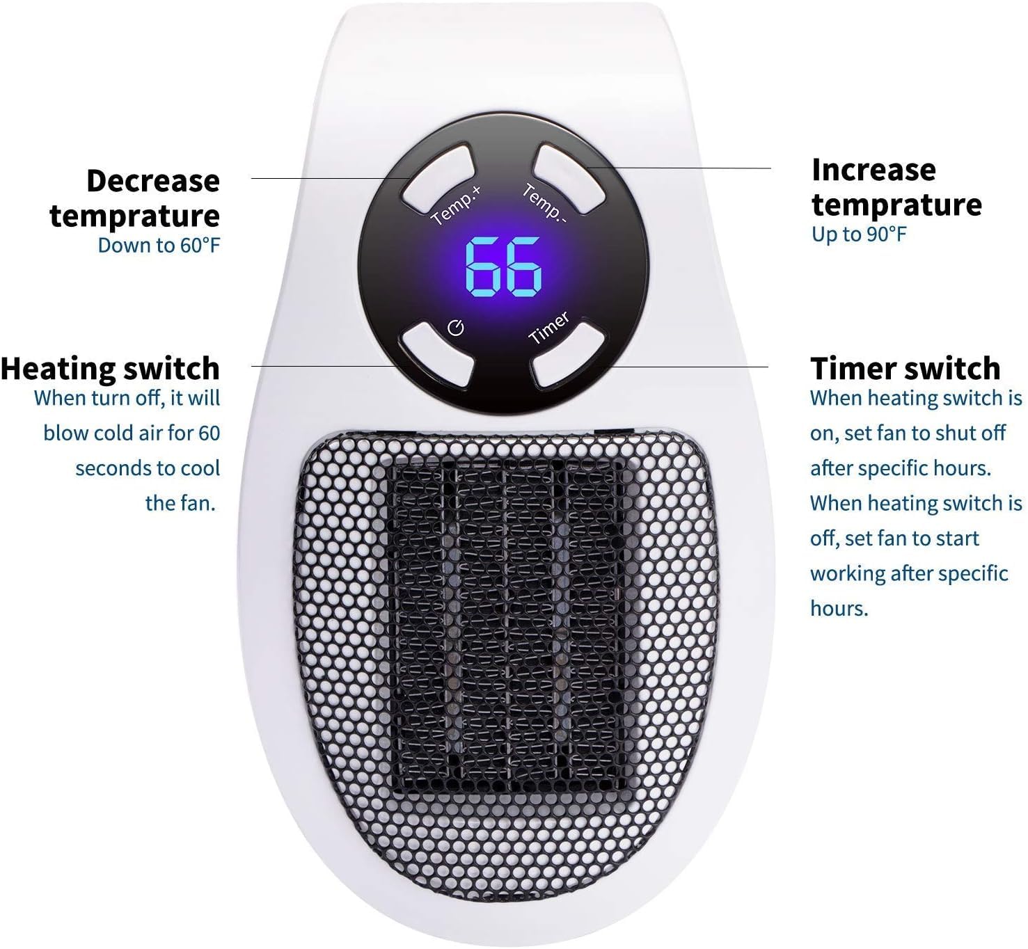 Wall Space Heater 450W Remote Portable Electric Heate